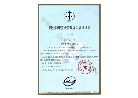 職業(yè)健康安全管理體系認(rèn)證證書