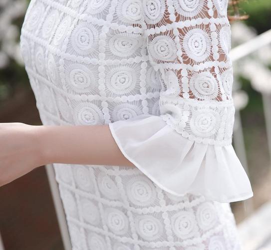 的实拍2016欧美女装新款牛奶丝 镂空拼接荷叶边大码蕾丝连衣裙产品