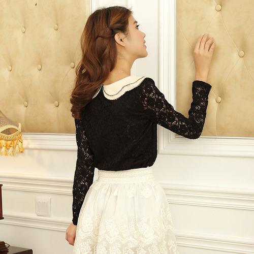 2014新款女装 韩版时尚当季流行女士修身娃娃领长袖蕾丝衫