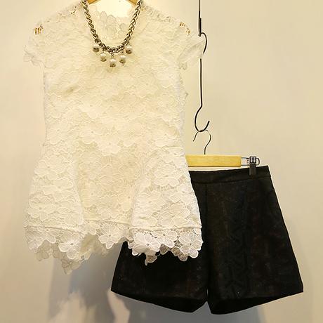 16夏季新款韩国东大门韩版收腰显瘦碎花修身蕾丝衫两件套装